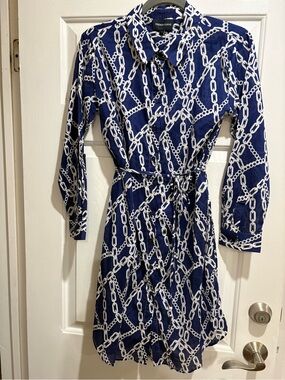 French Curve Navy Chain-Print Long-Sleeve Shirt Dress-Sheer- could also be swim